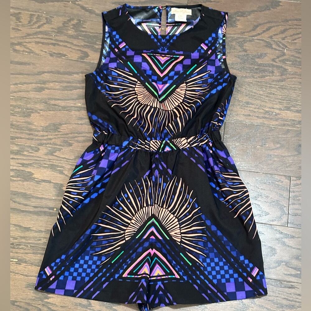 Mara Hoffman Black Geometric Sunburst Romper with Purple & Green Accents